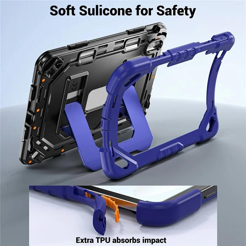 For iPad (2025) / iPad 10.9 (2022) Case Shockproof PC + TPU + Silicone Protective Cover with Shoulder Strap / Pen Holder - Navy Blue+Black