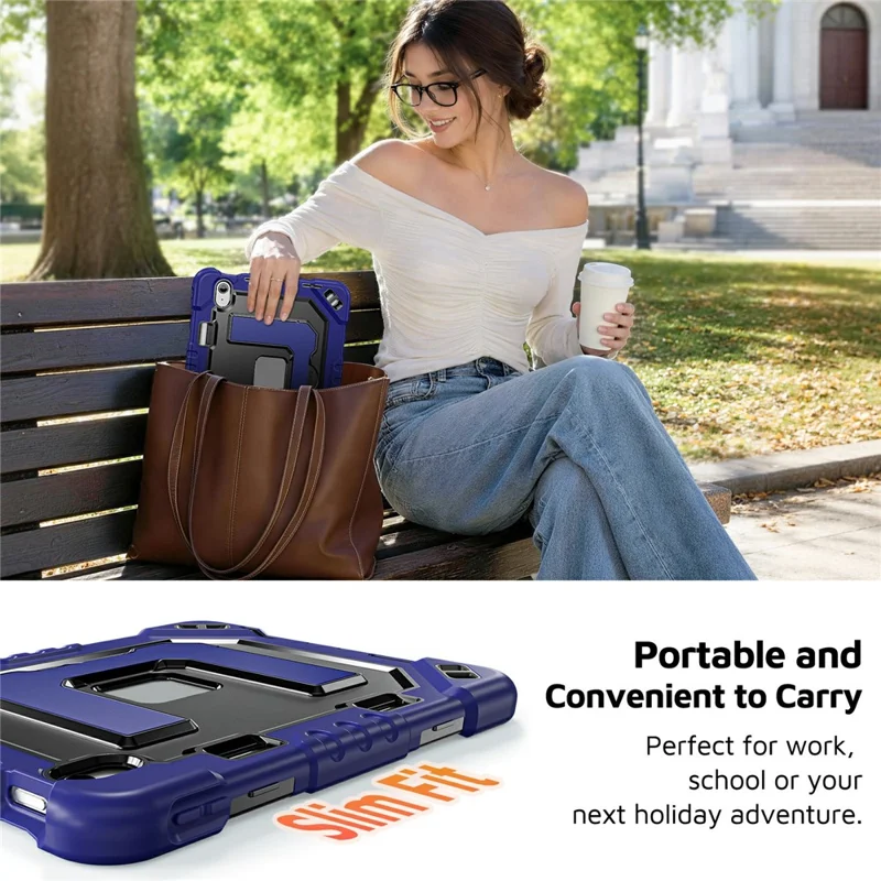 For iPad (2025) / iPad 10.9 (2022) Case Shockproof PC + TPU + Silicone Protective Cover with Shoulder Strap / Pen Holder - Navy Blue+Black