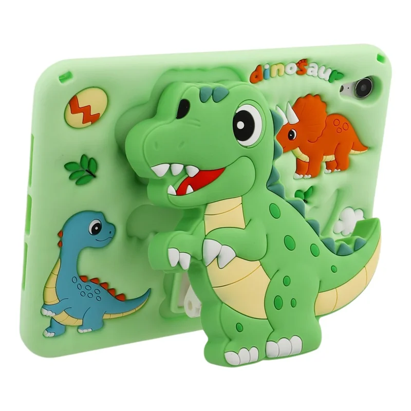 For iPad mini (2024) / (2021) Case Dinosaur Retractable Kickstand Silicone Tablet Cover with Shoulder Strap