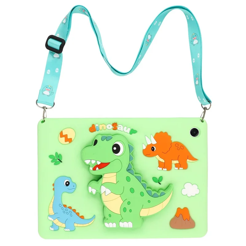 For Samsung Galaxy Tab A11+ / Tab A9+ Case Dinosaur Retractable Kickstand Silicone Tablet Cover with Shoulder Strap