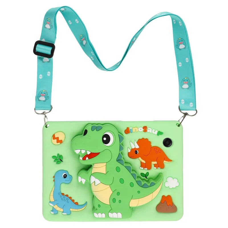 For Samsung Galaxy Tab A11 / Tab A9 Case Dinosaur Retractable Kickstand Silicone Tablet Cover with Shoulder Strap