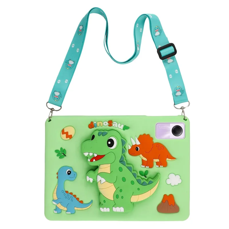 Dinosaur Tablet Case for Xiaomi Redmi Pad 2 11 / Pad SE / Honor Pad X9 / X8a / X8b , Retractable Kickstand Silicone Cover with Shoulder Strap