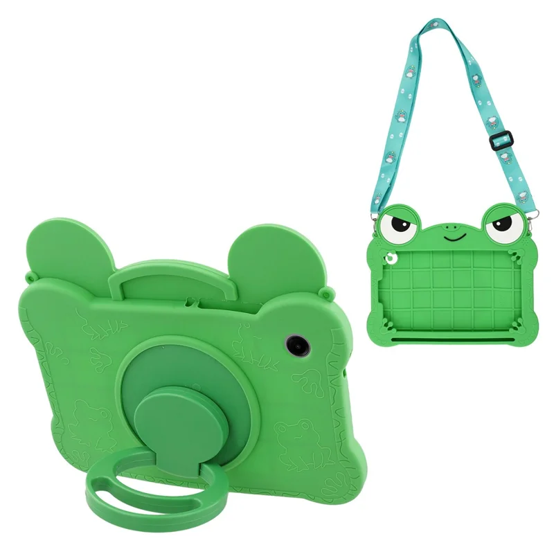 For Samsung Galaxy Tab A11 / Tab A9 Case Rotating Kickstand Cute Frog Design Silicone Tablet Cover with Lanyard