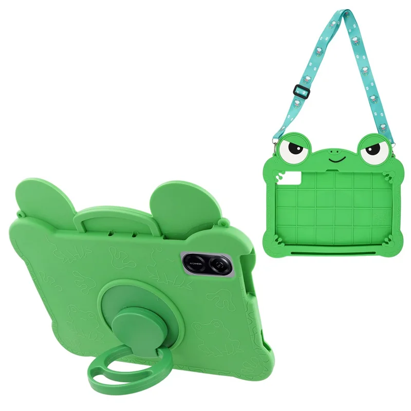 For Honor Pad X9 / X8a / X8b Case Rotating Kickstand Cute Frog Design Silicone Tablet Cover with Lanyard