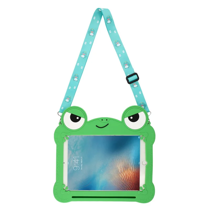 Tablet Case for iPad 9.7-inch (2018) / (2017) / Air 2 / Air (2013) , Rotating Kickstand Cute Frog Design Silicone Cover with Lanyard