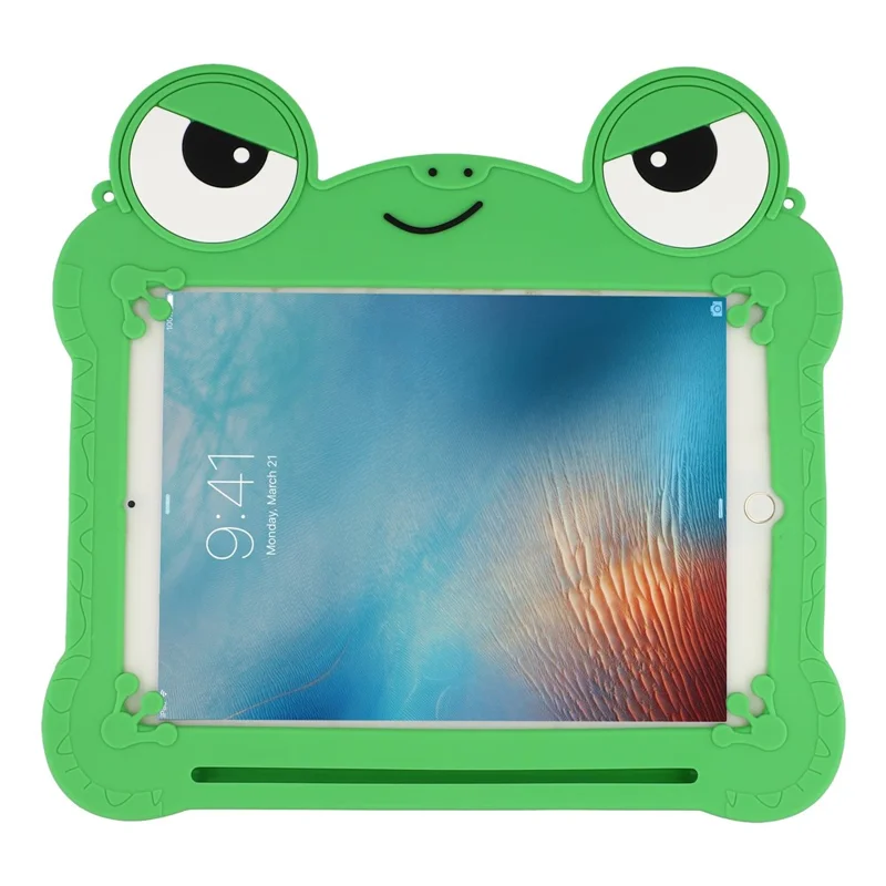 Tablet Case for iPad 9.7-inch (2018) / (2017) / Air 2 / Air (2013) , Rotating Kickstand Cute Frog Design Silicone Cover with Lanyard