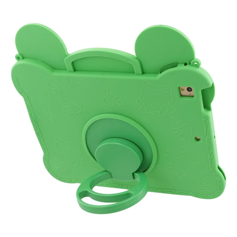 Tablet Case for iPad 9.7-inch (2018) / (2017) / Air 2 / Air (2013) , Rotating Kickstand Cute Frog Design Silicone Cover with Lanyard