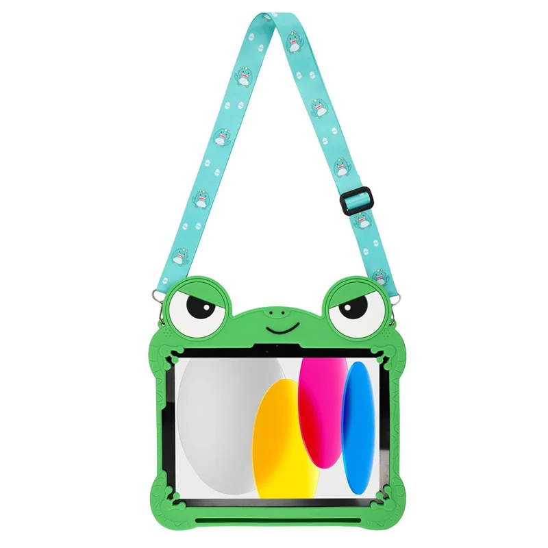 For iPad (2025) / iPad 10.9 (2022) Case Rotating Kickstand Cute Frog Design Silicone Tablet Cover with Lanyard