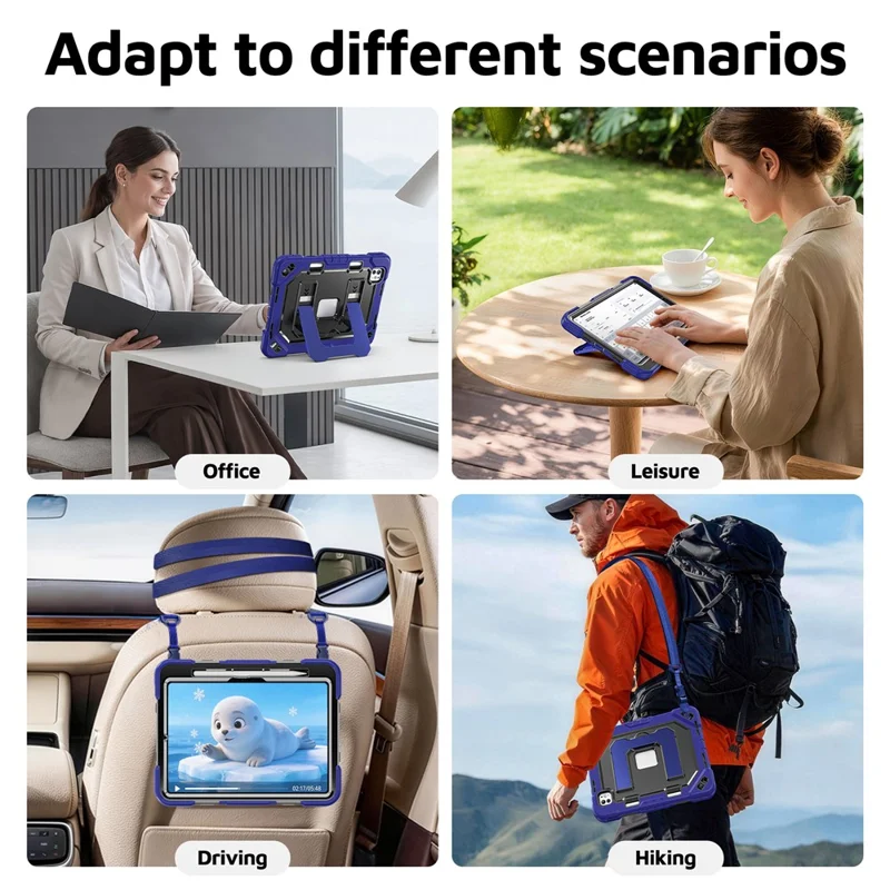 Fodral för iPad Pro 11 (2024) / Pro 11 (2025) Skållsäkert skyddsfodral i PC + TPU + Silikon med axelrem / Pennhållare - Navy Blue+Black