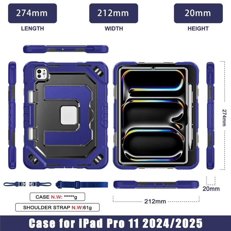 Fodral för iPad Pro 11 (2024) / Pro 11 (2025) Skållsäkert skyddsfodral i PC + TPU + Silikon med axelrem / Pennhållare - Navy Blue+Black