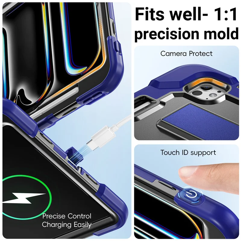 Fodral för iPad Pro 11 (2024) / Pro 11 (2025) Skållsäkert skyddsfodral i PC + TPU + Silikon med axelrem / Pennhållare - Navy Blue+Black