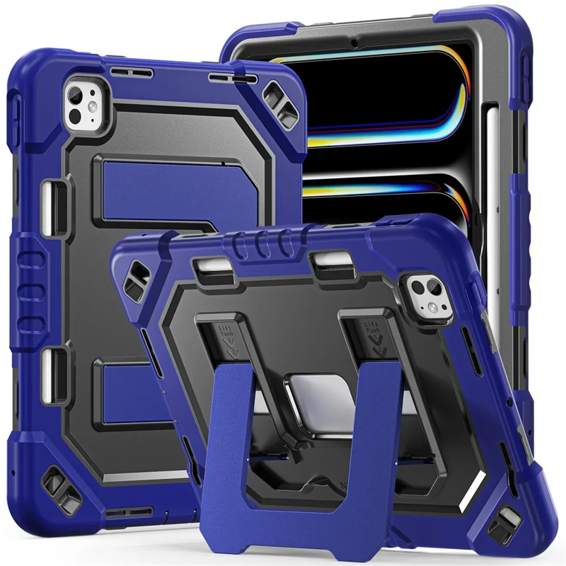 För iPad Pro 11 (2024) / Pro 11 (2025) Skal med Ställfot PC + TPU + Silicon Surfplatta Hölje med Pennhållare - Navy Blue+Black