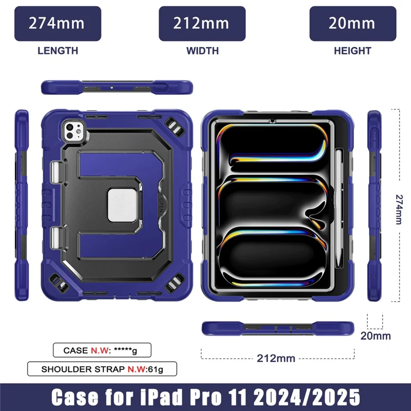 För iPad Pro 11 (2024) / Pro 11 (2025) Skal med Ställfot PC + TPU + Silicon Surfplatta Hölje med Pennhållare - Navy Blue+Black