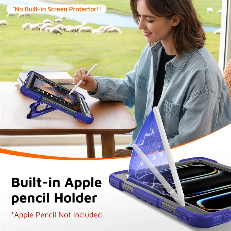 För iPad Pro 11 (2024) / Pro 11 (2025) Skal med Ställfot PC + TPU + Silicon Surfplatta Hölje med Pennhållare - Navy Blue+Black