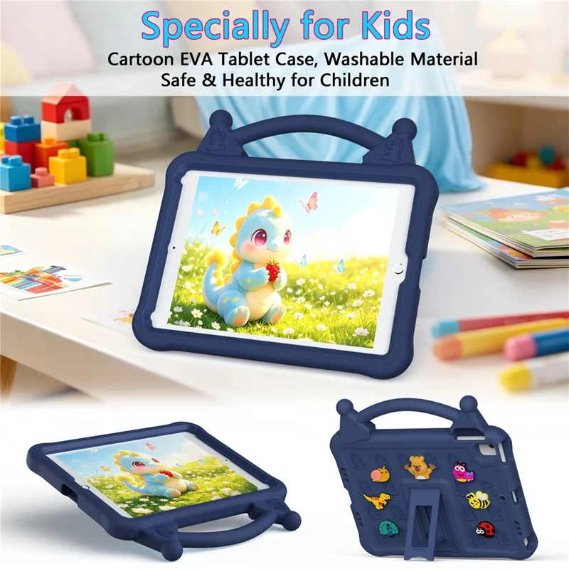 Capa Tablet EVA de Desenhos Animados para iPad 9,7 polegadas (2018) / (2017) / (2016) / Air 2 / Air (2013), Capa Resistente a Choques com Suporte e Alça Adequada para Crianças - Azul Marinho