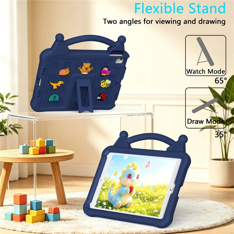 Capa Tablet EVA de Desenhos Animados para iPad 9,7 polegadas (2018) / (2017) / (2016) / Air 2 / Air (2013), Capa Resistente a Choques com Suporte e Alça Adequada para Crianças - Azul Marinho