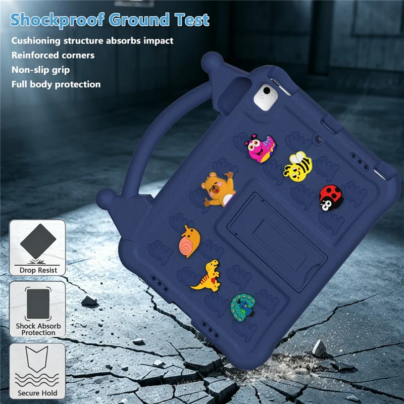 Capa Tablet EVA de Desenhos Animados para iPad 9,7 polegadas (2018) / (2017) / (2016) / Air 2 / Air (2013), Capa Resistente a Choques com Suporte e Alça Adequada para Crianças - Azul Marinho