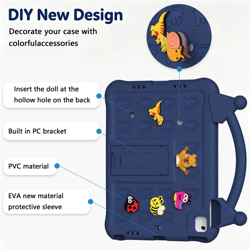 Capa Tablet EVA de Desenhos Animados para iPad 9,7 polegadas (2018) / (2017) / (2016) / Air 2 / Air (2013), Capa Resistente a Choques com Suporte e Alça Adequada para Crianças - Azul Marinho