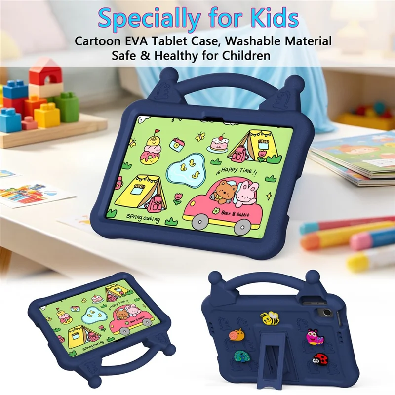 Funda de tableta EVA con dibujos animados para Xiaomi Redmi Pad 2 SE / Pad 2 9.7 / Poco Pad C1, funda resistente a impactos con soporte y asa infantil - Azul marino