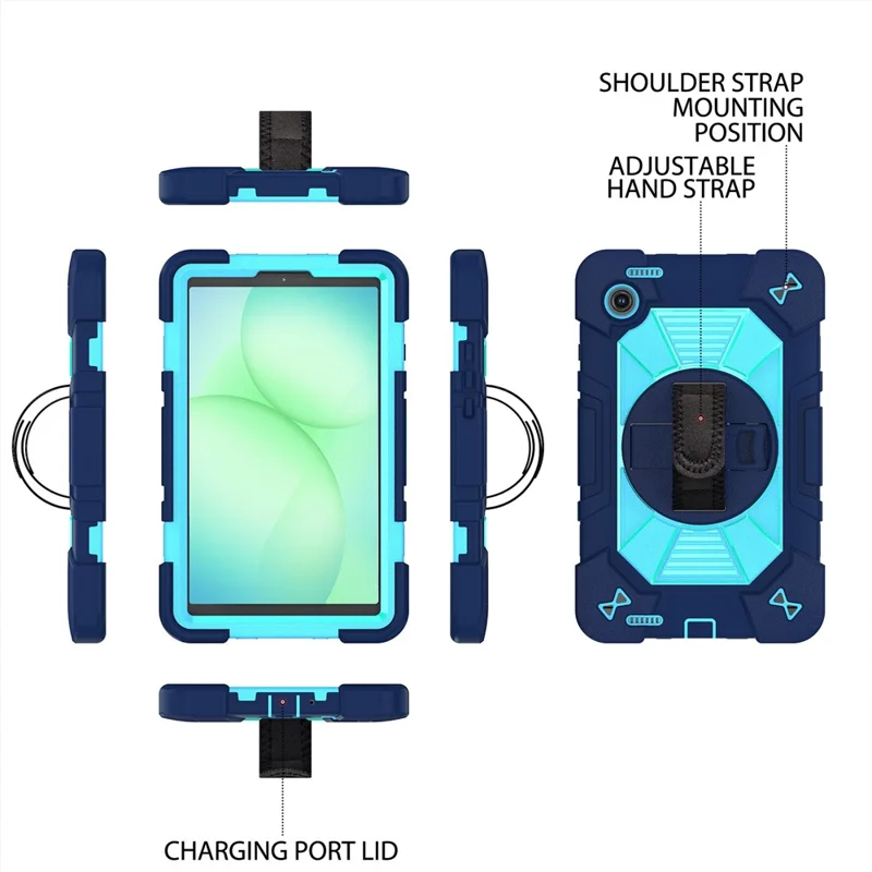 For Samsung Galaxy Tab A11 / Tab A9 Case Kickstand PC + Silicone Shockproof Cover with Hand Strap / Shoulder Strap - Navy Blue+Sky Blue