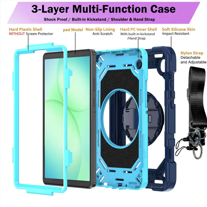 For Samsung Galaxy Tab A11 / Tab A9 Case Kickstand PC + Silicone Shockproof Cover with Hand Strap / Shoulder Strap - Navy Blue+Sky Blue