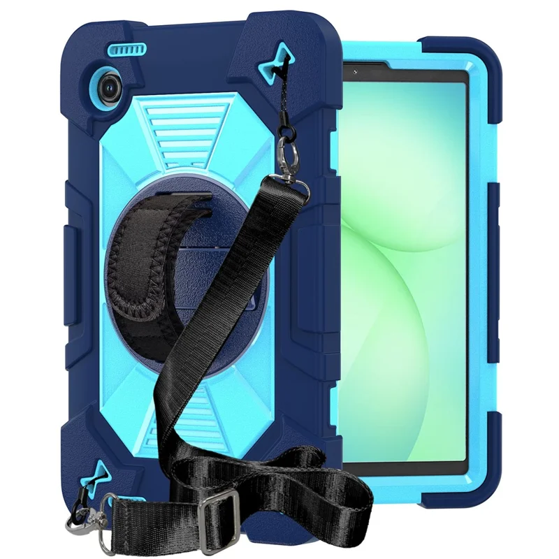 For Samsung Galaxy Tab A11 / Tab A9 Case Kickstand PC + Silicone Shockproof Cover with Hand Strap / Shoulder Strap - Navy Blue+Sky Blue