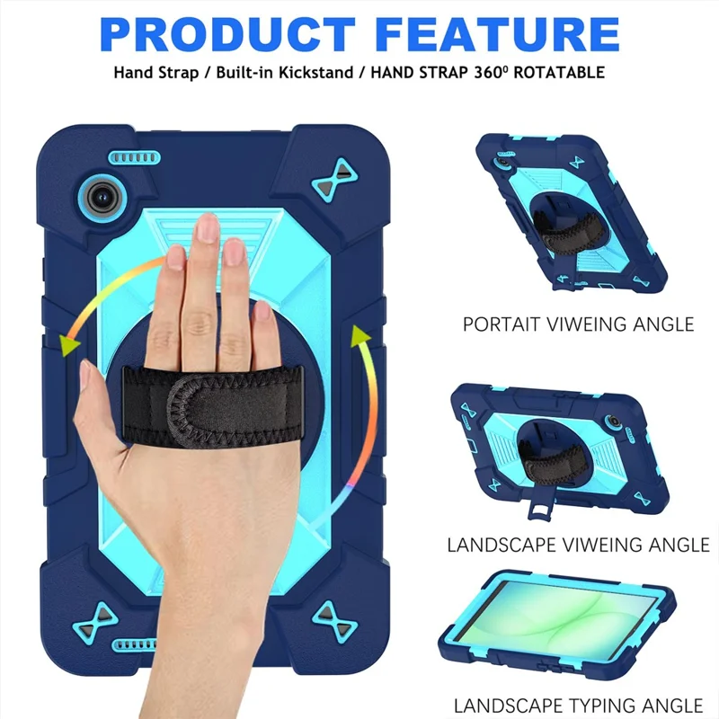 For Samsung Galaxy Tab A11 / Tab A9 Case Kickstand PC + Silicone Shockproof Cover with Hand Strap / Shoulder Strap - Navy Blue+Sky Blue