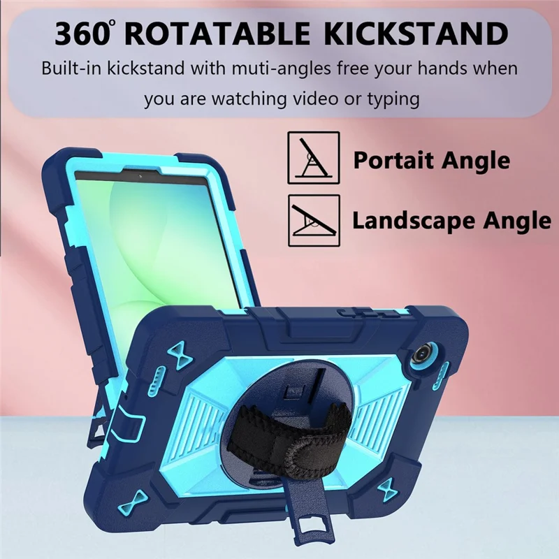 For Samsung Galaxy Tab A11 / Tab A9 Case Kickstand PC + Silicone Shockproof Cover with Hand Strap / Shoulder Strap - Navy Blue+Sky Blue