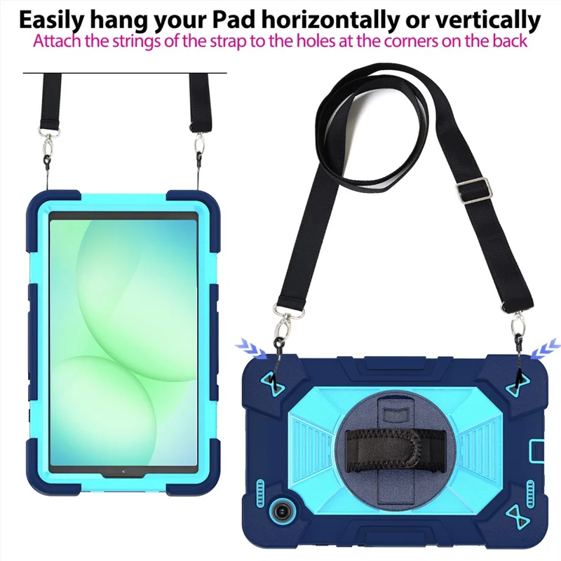 For Samsung Galaxy Tab A11 / Tab A9 Case Kickstand PC + Silicone Shockproof Cover with Hand Strap / Shoulder Strap - Navy Blue+Sky Blue