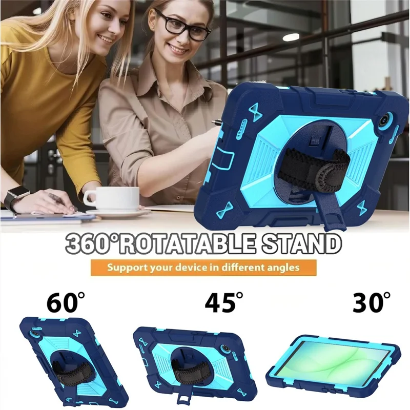 For Samsung Galaxy Tab A11 / Tab A9 Case Kickstand PC + Silicone Shockproof Cover with Hand Strap / Shoulder Strap - Navy Blue+Sky Blue