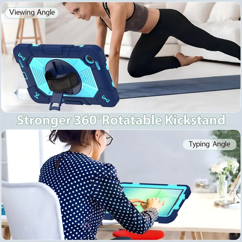For Samsung Galaxy Tab A11 / Tab A9 Case Kickstand PC + Silicone Shockproof Cover with Hand Strap / Shoulder Strap - Navy Blue+Sky Blue