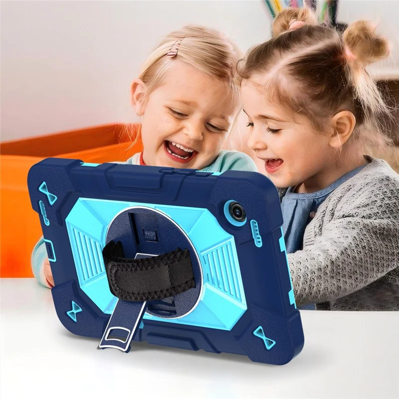 For Samsung Galaxy Tab A11 / Tab A9 Case Kickstand PC + Silicone Shockproof Cover with Hand Strap / Shoulder Strap - Navy Blue+Sky Blue