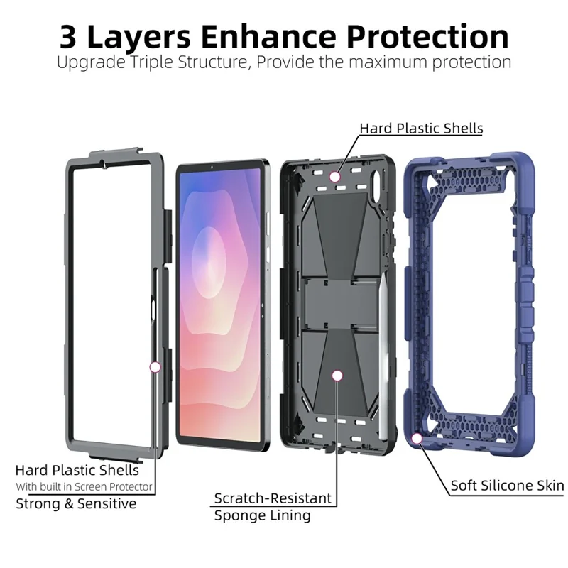 Cover per Samsung Galaxy Tab S11 con Supporto, Custodia Protettiva Antiurto in PC + Silicone - Blu Navy + Nero