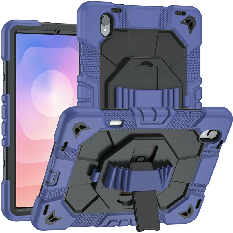 Étui pour Samsung Galaxy Tab S11 avec support intégré et sangle de poignet, housse pour tablette en PC + silicone - Bleu marine + Noir