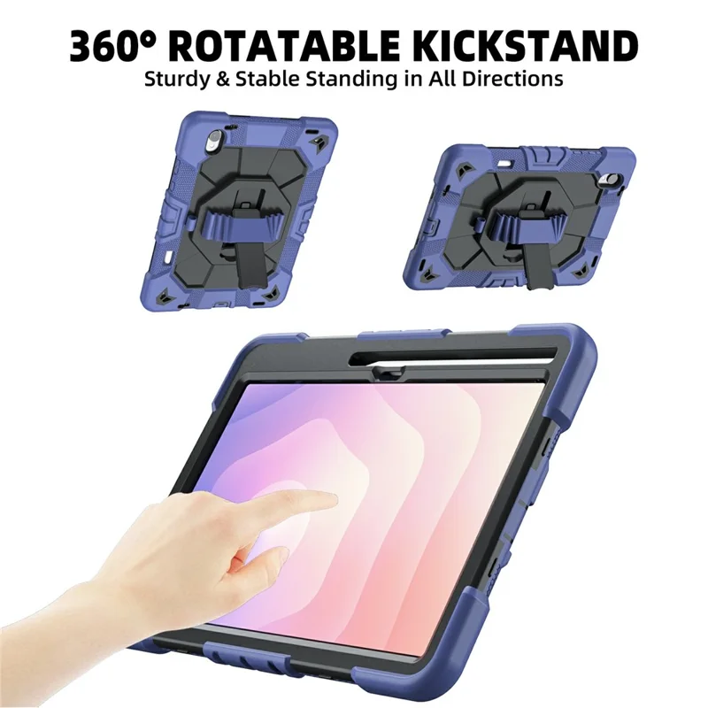 Étui pour Samsung Galaxy Tab S11 avec support intégré et sangle de poignet, housse pour tablette en PC + silicone - Bleu marine + Noir