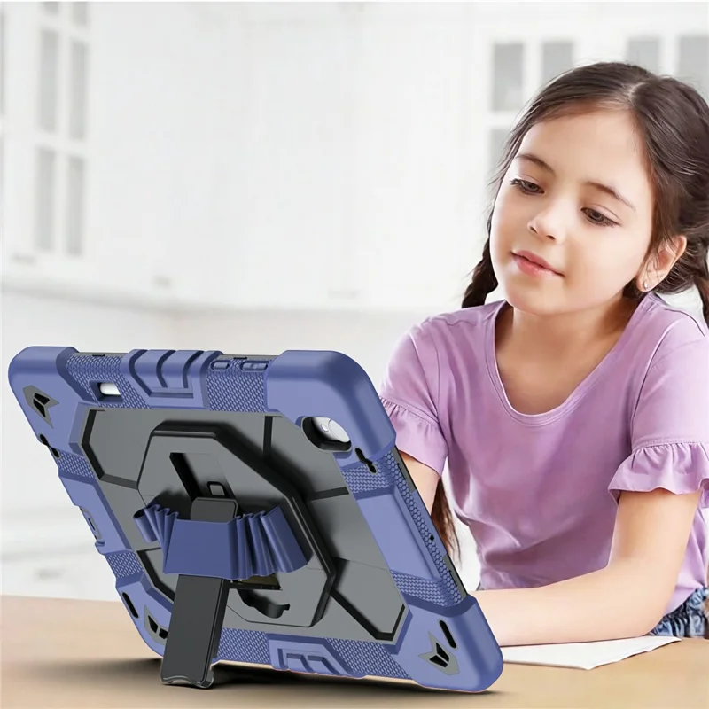 Étui pour Samsung Galaxy Tab S11 avec support intégré et sangle de poignet, housse pour tablette en PC + silicone - Bleu marine + Noir