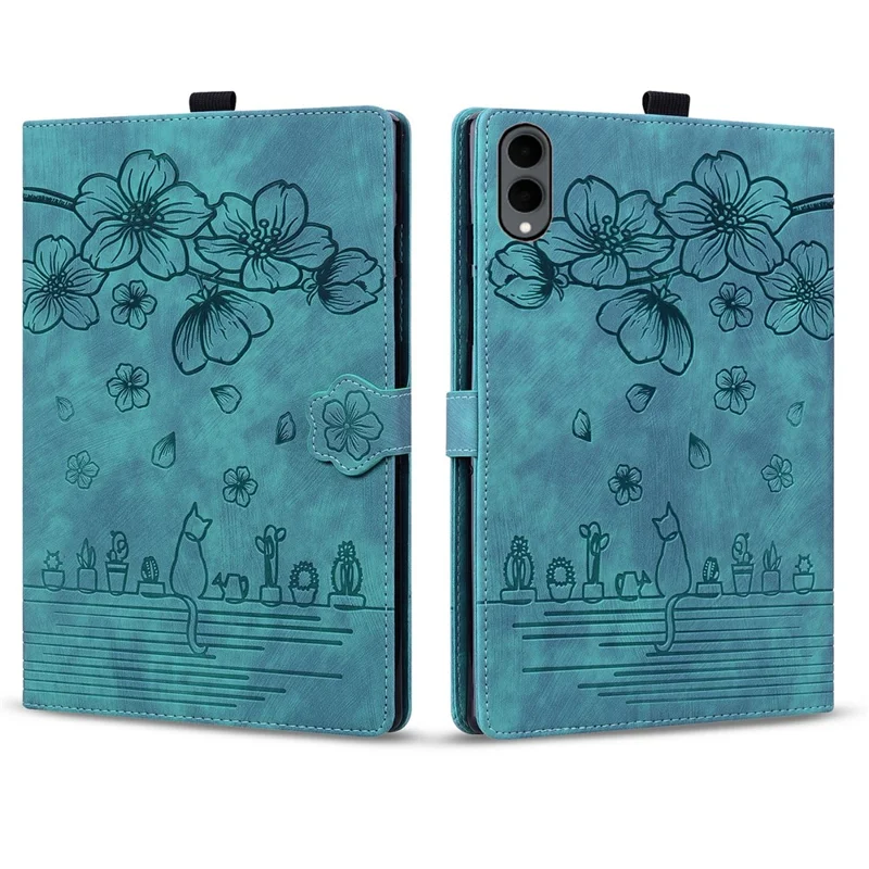 For Samsung Galaxy Tab S12+ Case Card Slots Leather Tablet Stand Folio Cover Flower Cat - Blue