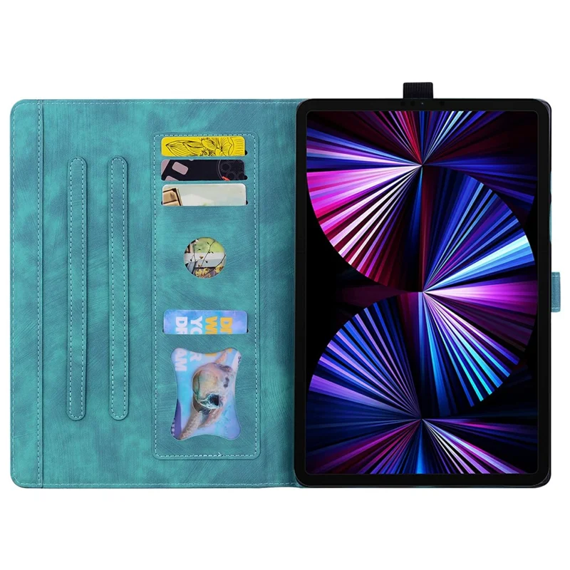 For Samsung Galaxy Tab S12+ Case Card Slots Leather Tablet Stand Folio Cover Flower Cat - Blue