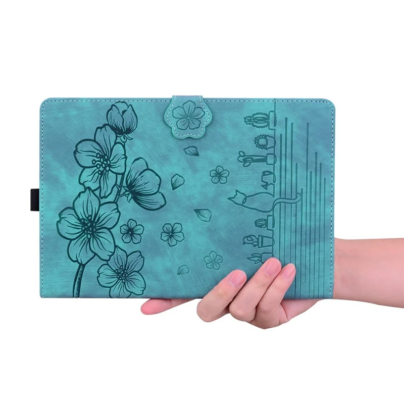 For Samsung Galaxy Tab S12+ Case Card Slots Leather Tablet Stand Folio Cover Flower Cat - Blue