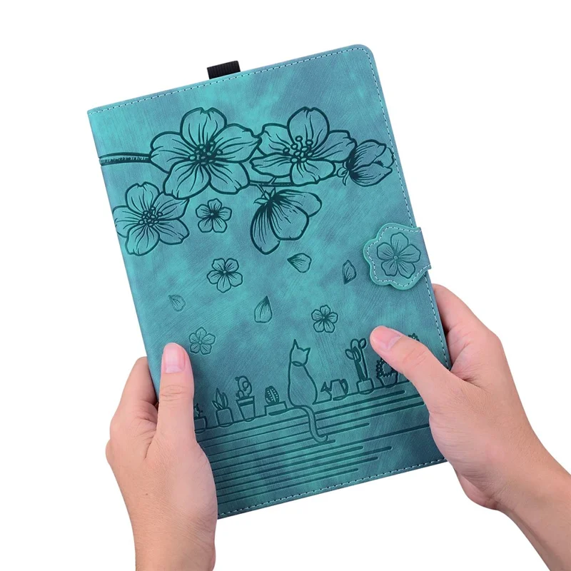 For Samsung Galaxy Tab S12+ Case Card Slots Leather Tablet Stand Folio Cover Flower Cat - Blue