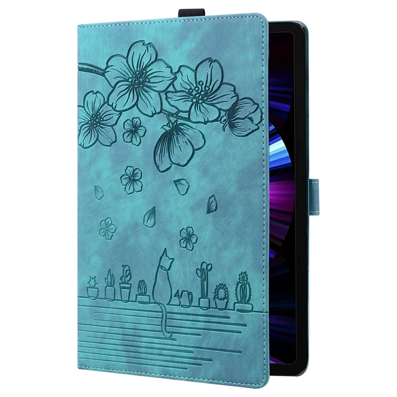 For Samsung Galaxy Tab S12+ Case Card Slots Leather Tablet Stand Folio Cover Flower Cat - Blue