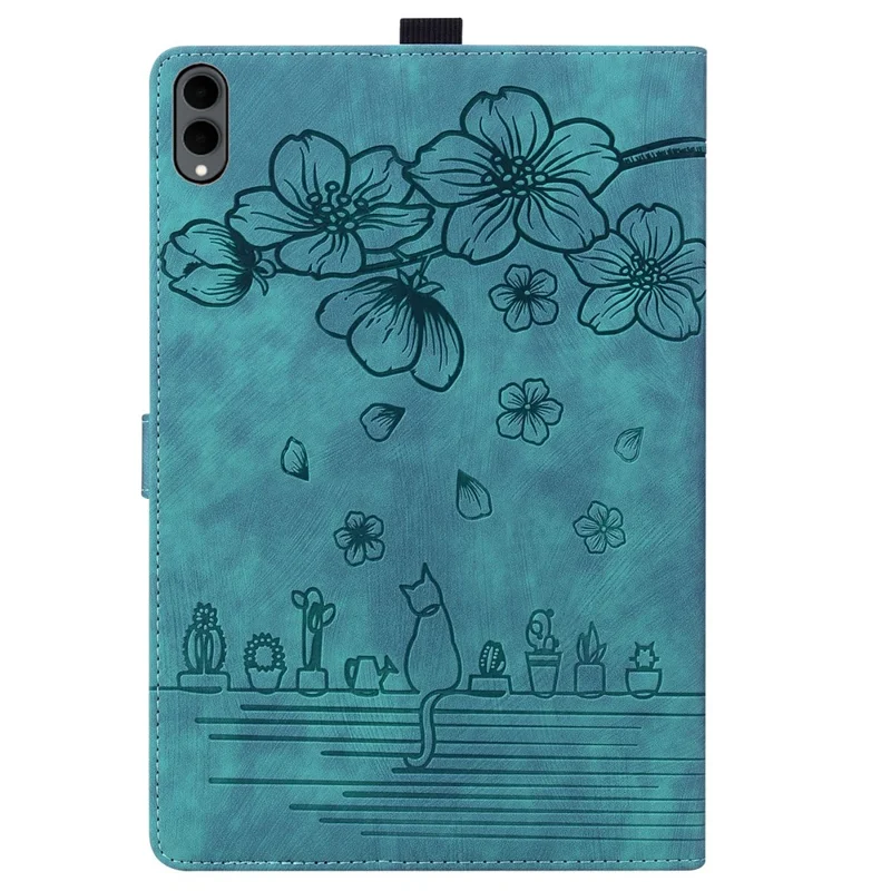 For Samsung Galaxy Tab S12+ Case Card Slots Leather Tablet Stand Folio Cover Flower Cat - Blue