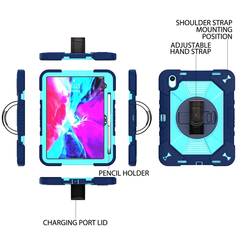 For iPad (2025) / iPad 10.9 (2022) Case Kickstand PC + Silicone Shockproof Cover with Hand Strap / Shoulder Strap - Navy Blue+Sky Blue
