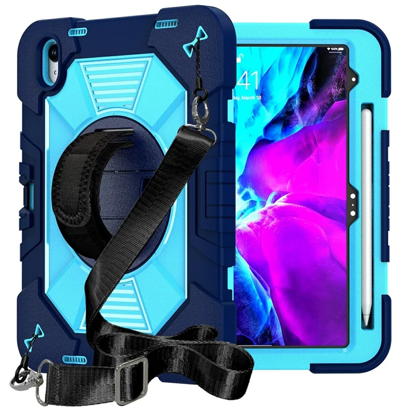 For iPad (2025) / iPad 10.9 (2022) Case Kickstand PC + Silicone Shockproof Cover with Hand Strap / Shoulder Strap - Navy Blue+Sky Blue