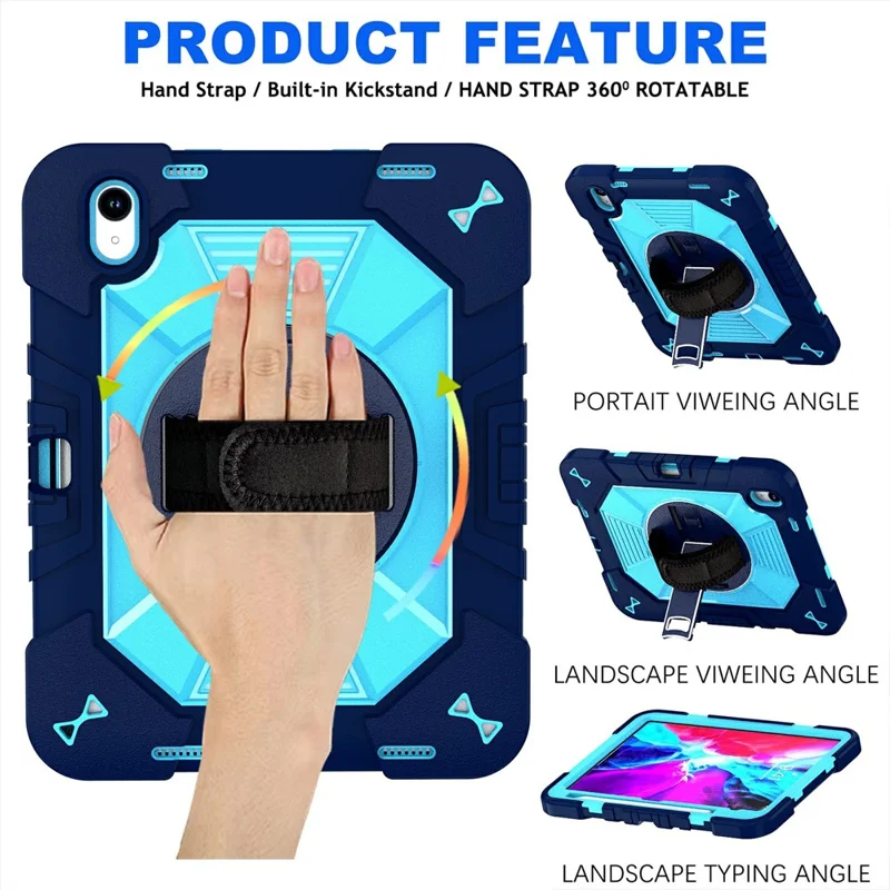 For iPad (2025) / iPad 10.9 (2022) Case Kickstand PC + Silicone Shockproof Cover with Hand Strap / Shoulder Strap - Navy Blue+Sky Blue