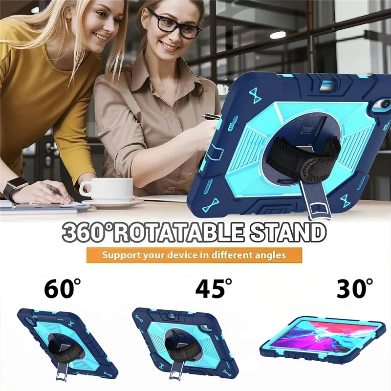 For iPad (2025) / iPad 10.9 (2022) Case Kickstand PC + Silicone Shockproof Cover with Hand Strap / Shoulder Strap - Navy Blue+Sky Blue