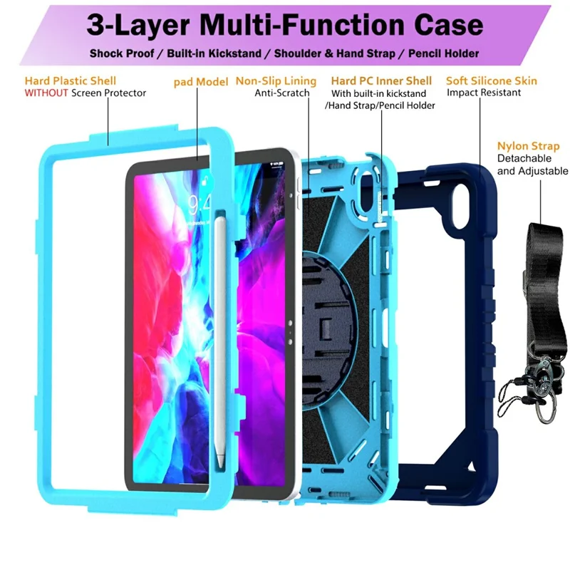For iPad (2025) / iPad 10.9 (2022) Case Kickstand PC + Silicone Shockproof Cover with Hand Strap / Shoulder Strap - Navy Blue+Sky Blue
