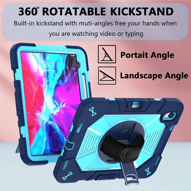 For iPad (2025) / iPad 10.9 (2022) Case Kickstand PC + Silicone Shockproof Cover with Hand Strap / Shoulder Strap - Navy Blue+Sky Blue