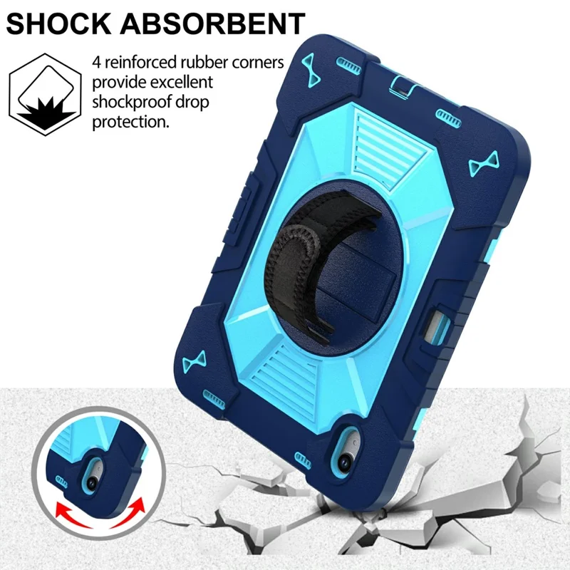 For iPad (2025) / iPad 10.9 (2022) Case Kickstand PC + Silicone Shockproof Cover with Hand Strap / Shoulder Strap - Navy Blue+Sky Blue
