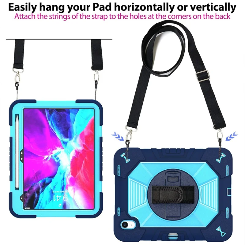 For iPad (2025) / iPad 10.9 (2022) Case Kickstand PC + Silicone Shockproof Cover with Hand Strap / Shoulder Strap - Navy Blue+Sky Blue
